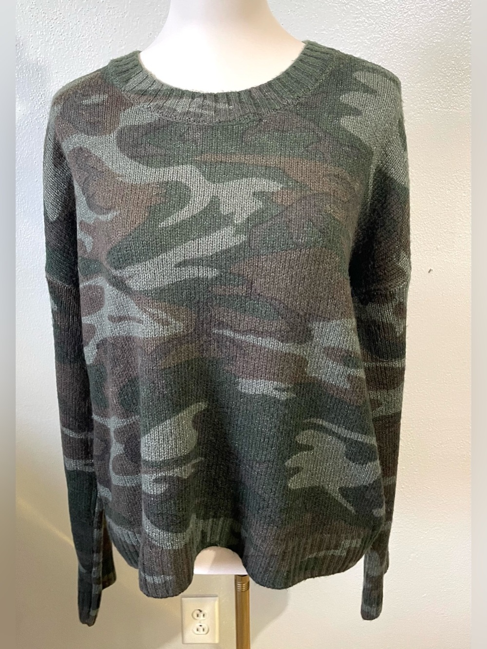 Rails Perci Jungle Camo Wool Sweater Green Brown Crew Neck Pullover Knit Large